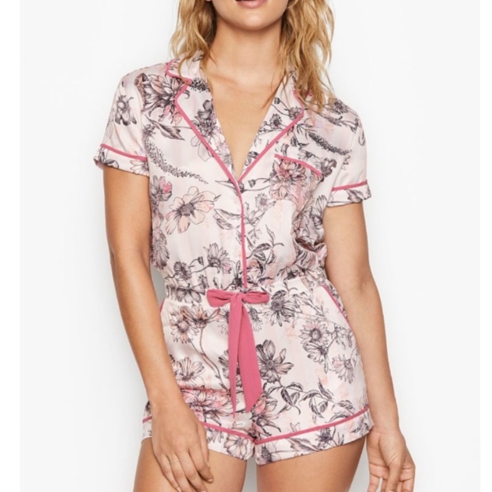 Victoria's Secret Satin Pink Floral Shirt Sleeve Romper Pajamas Size XL